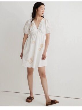 Madewell White Mini Dress with Beige Floral Embroidery